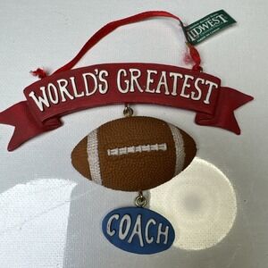 WORLD'S GREATEST FOOTBALL COACH ORNAMENT New w/tag Resin-with red ribbon/HANG